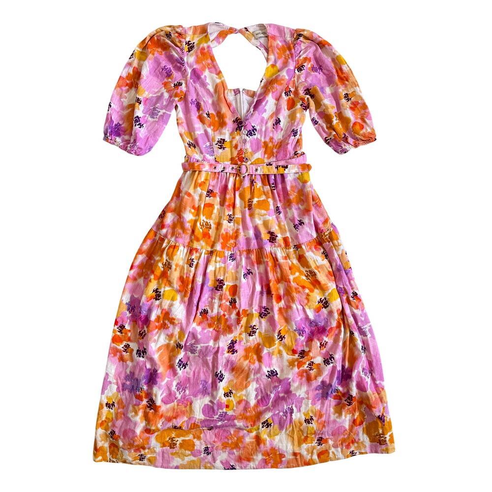 NICHOLAS Celie Floral Linen Blend Midi Dress Pink Orange Belted Size 8 - Picture 3 of 12